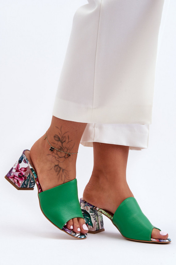   Plätud naturaalsest nahast kõrge jämeda kontsaga  Shoes 3209/K Rohelist värvi