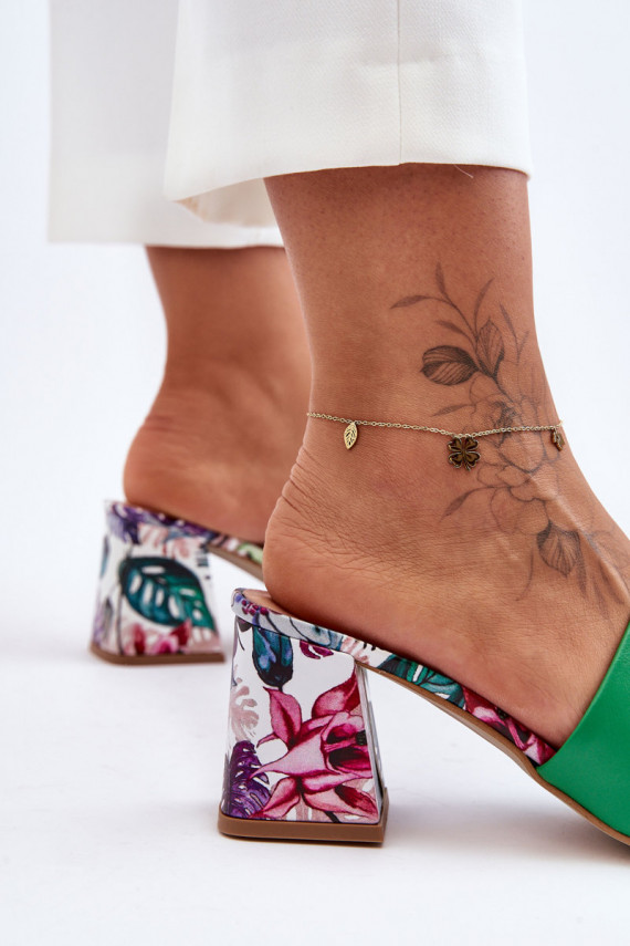   Plätud naturaalsest nahast kõrge jämeda kontsaga  Shoes 3209/K Rohelist värvi