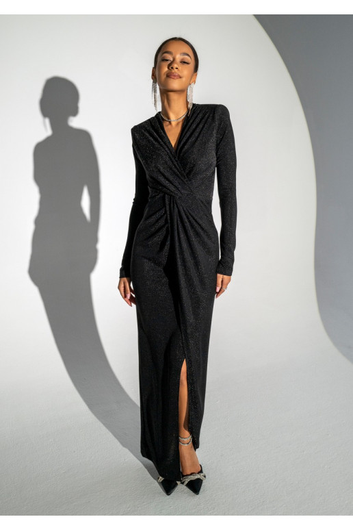 Mayell - Shiny black maxi draped dress