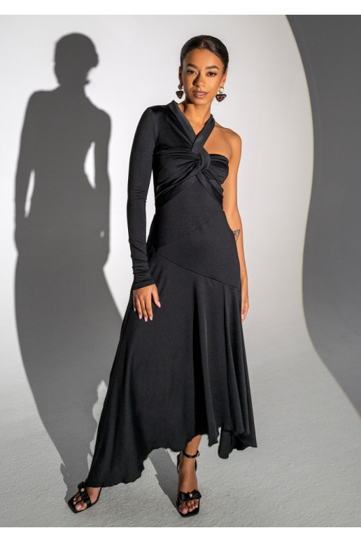 Carlita - Black asymmetric dress with a draped neck