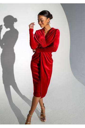 Rose - Red velvet midi draped dress 2