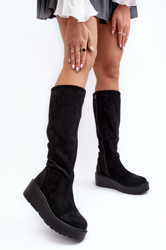 naiste pika säärega saapad seemisnakhsed platvormiga S.Barski HY53-8 mustad