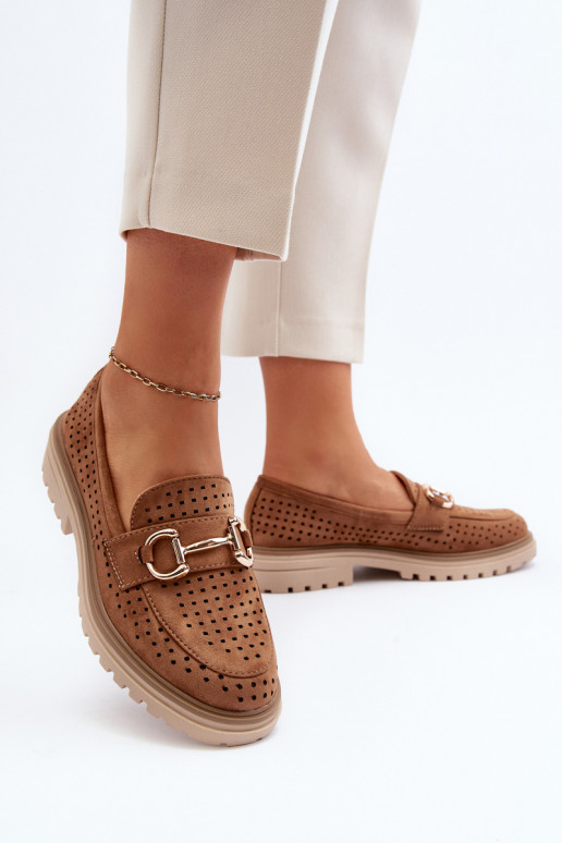 naiste mokassiinid ažuursete elementidega kaunistustega pruunid värvi Talesse