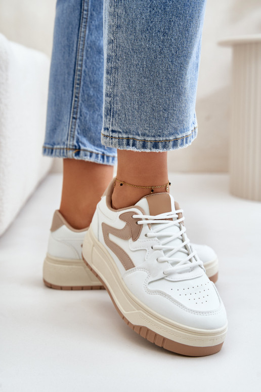 Naiselik Sneakers tüüpi jalanõud eko-nahast platvormiga Valget-beeži värvi Henizore