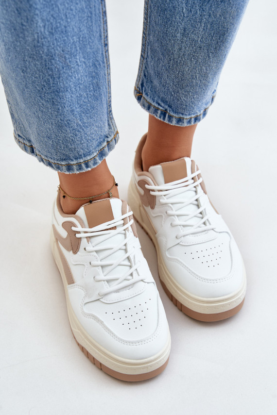 Naiselik Sneakers tüüpi jalanõud eko-nahast platvormiga Valget-beeži värvi Henizore