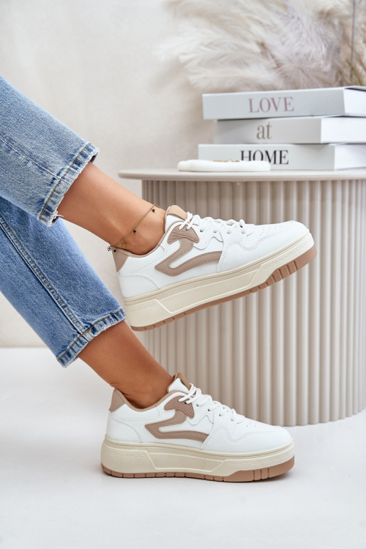 Naiselik Sneakers tüüpi jalanõud eko-nahast platvormiga Valget-beeži värvi Henizore