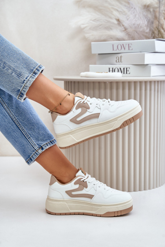 Naiselik Sneakers tüüpi jalanõud eko-nahast platvormiga Valget-beeži värvi Henizore