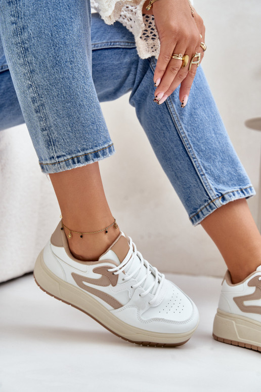 Naiselik Sneakers tüüpi jalanõud eko-nahast platvormiga Valget-beeži värvi Henizore