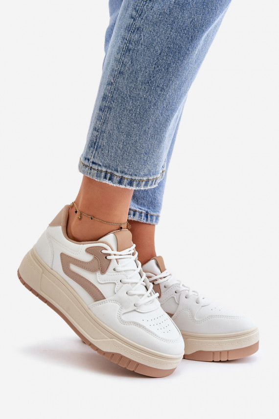 Naiselik Sneakers tüüpi jalanõud eko-nahast platvormiga Valget-beeži värvi Henizore