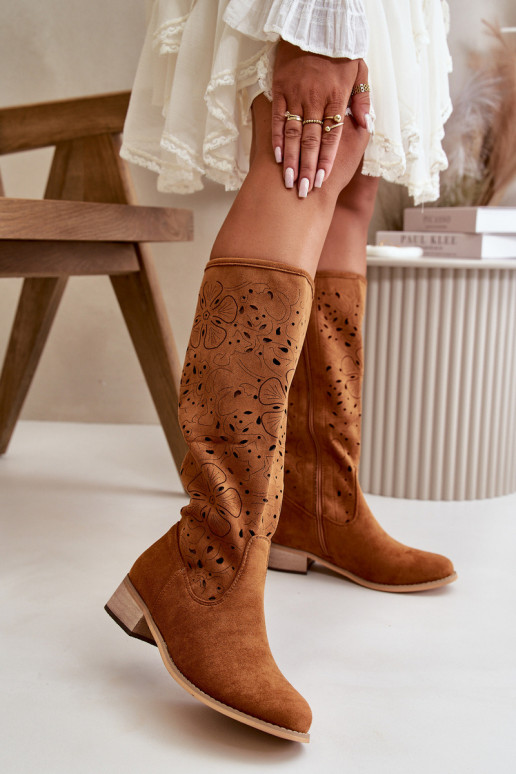 ažuursete elementidega naiste pika säärega saapad madal konts öko seemisnahastowe Nööpidega Lossi juurde pruunid värvi Orchides