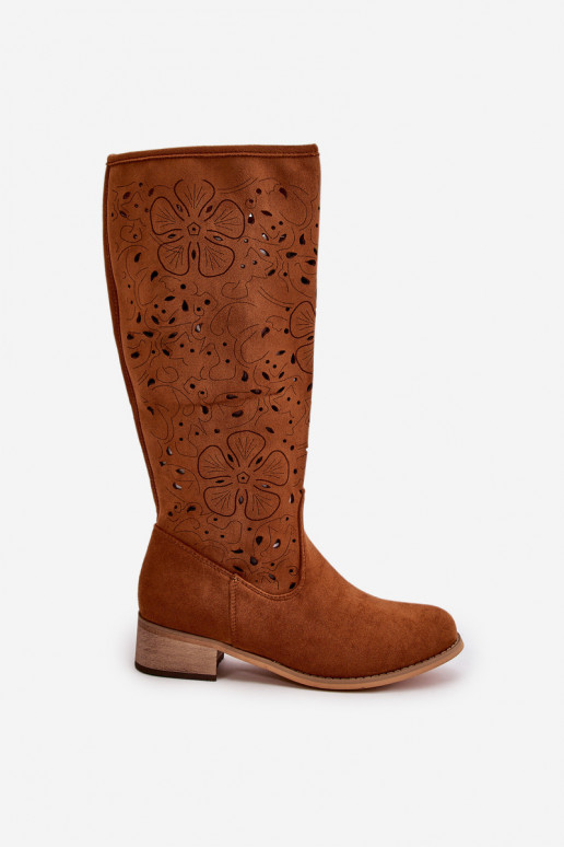 ažuursete elementidega naiste pika säärega saapad madal konts öko seemisnahastowe Nööpidega Lossi juurde pruunid värvi Orchides