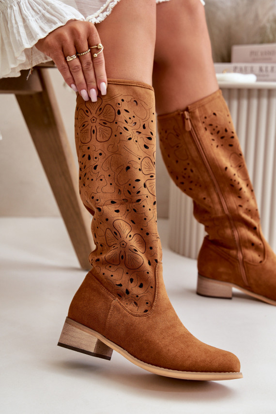 ažuursete elementidega naiste pika säärega saapad madal konts öko seemisnahastowe Nööpidega Lossi juurde pruunid värvi Orchides