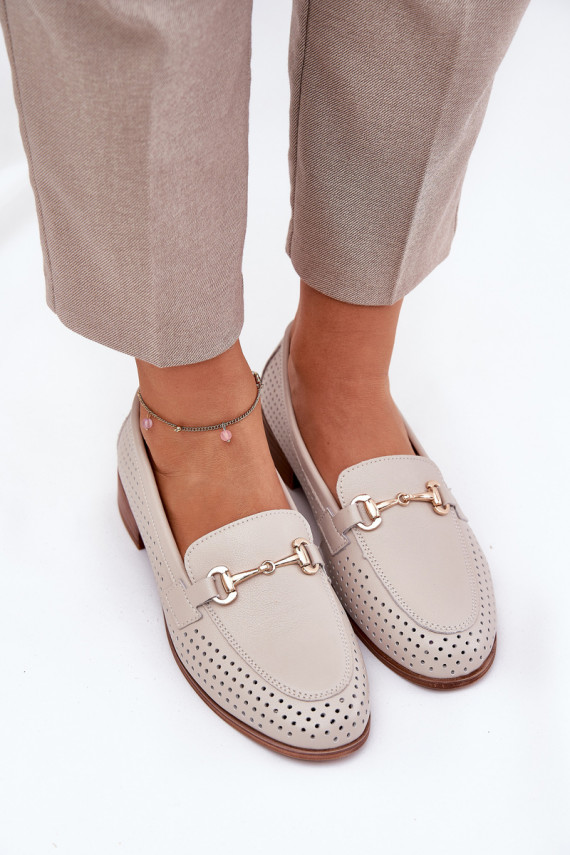 Nahk naiste mokassiinid kaunistustega laiade nööridega S.Barski LR51-588 beeži värvi