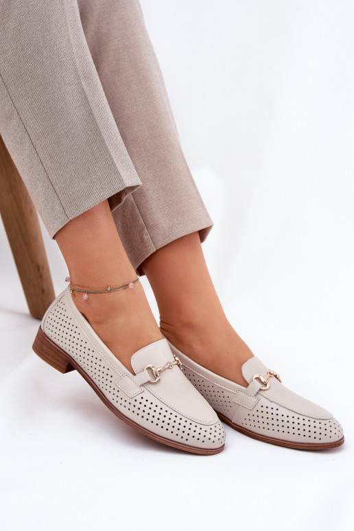 Nahk naiste mokassiinid kaunistustega laiade nööridega S.Barski LR51-588 beeži värvi