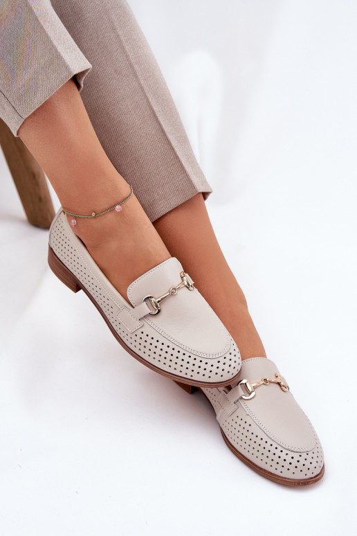 Nahk naiste mokassiinid kaunistustega laiade nööridega S.Barski LR51-588 beeži värvi