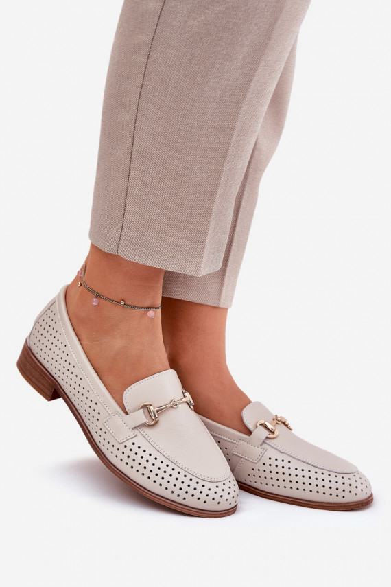 Nahk naiste mokassiinid kaunistustega laiade nööridega S.Barski LR51-588 beeži värvi