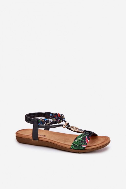 Mustad naiste madalad sandaalid punutiste ja dekoratsiooniga, Artiker 56C1318