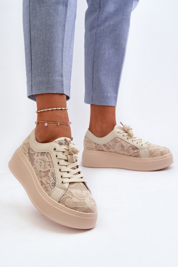 Naistel sneakers stiilis kingad pitsimotiividega platvormiga, liivavärvi
