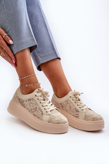 Naistel sneakers stiilis kingad pitsimotiividega platvormiga, liivavärvi 2