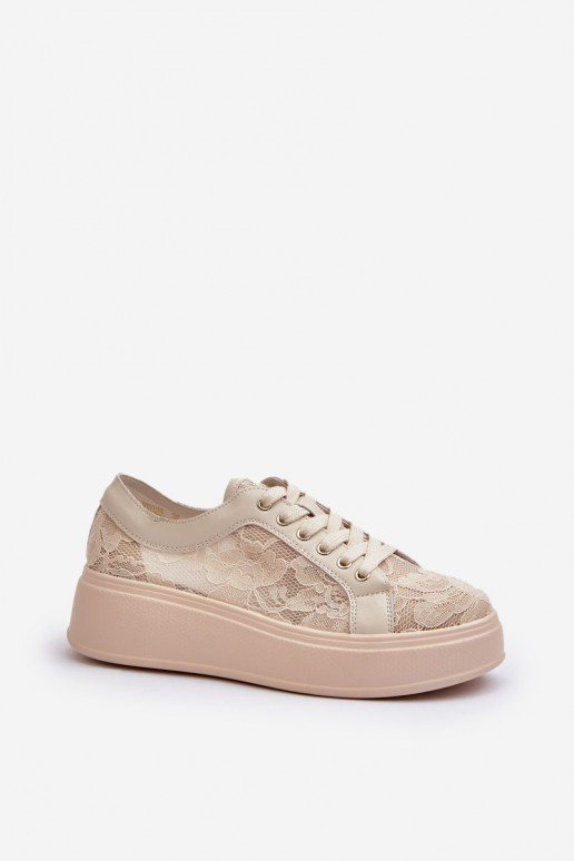 Naistel sneakers stiilis kingad pitsimotiividega platvormiga, liivavärvi