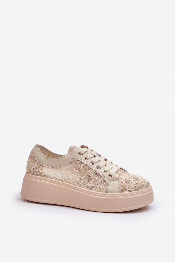 Naistel sneakers stiilis kingad pitsimotiividega platvormiga, liivavärvi