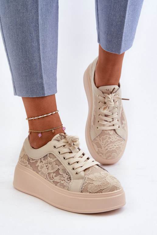 Naistel sneakers stiilis kingad pitsimotiividega platvormiga, liivavärvi