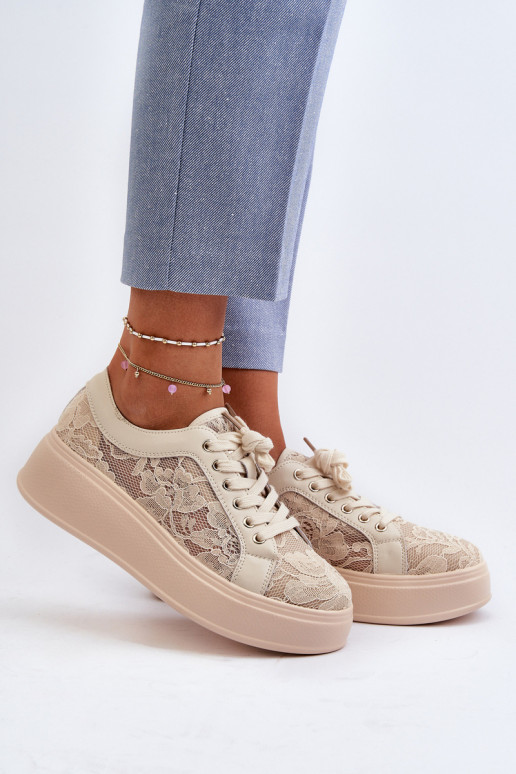 Naistel sneakers stiilis kingad pitsimotiividega platvormiga, liivavärvi
