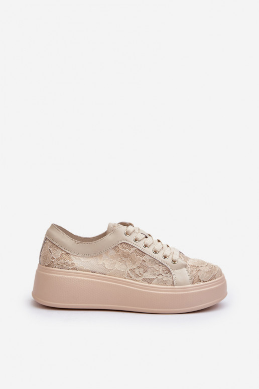 Naistel sneakers stiilis kingad pitsimotiividega platvormiga, liivavärvi