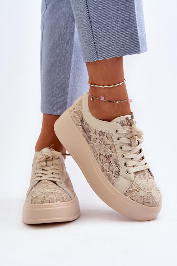 Naistel sneakers stiilis kingad pitsimotiividega platvormiga, liivavärvi