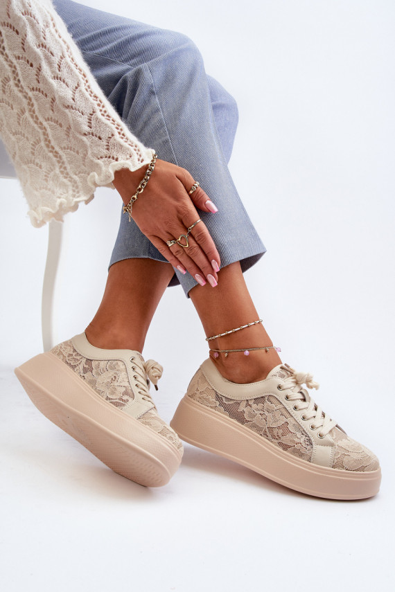 Naistel sneakers stiilis kingad pitsimotiividega platvormiga, liivavärvi