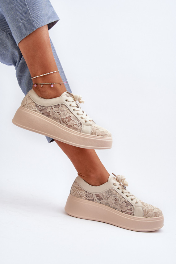 Naistel sneakers stiilis kingad pitsimotiividega platvormiga, liivavärvi