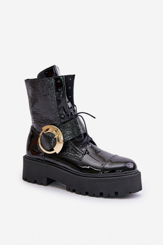 Zazoo 2942 Nahk saapad kuldsete pandlaga mustad