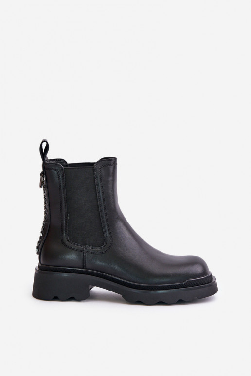 Nahk stiilsed saapad Dekoratiivse ketiga voodriga D&A JC42-86 mustad