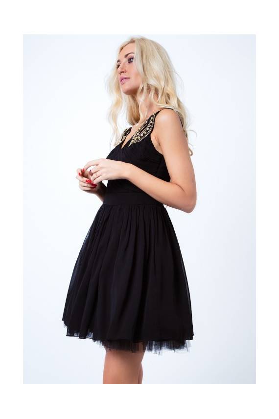 Party dress with opewnwork sleeves and neckline