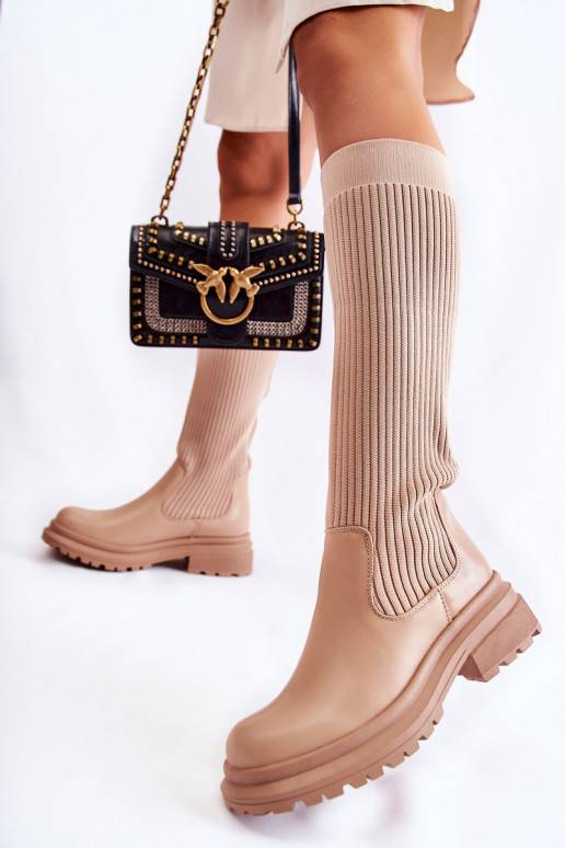 Triibulised   pika säärega saapad laiade nööridega beeži värvi Allys