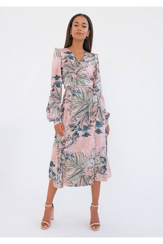 Jade - powder pink midi wrap dress in leaves
