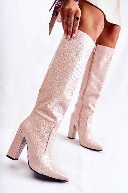 Moekad pika säärega saapad kõrge jämeda kontsaga beeži värvi Constancy