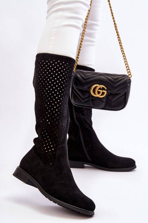   Ažuursed seemisnahast pika säärega saapad  mustad Savannah