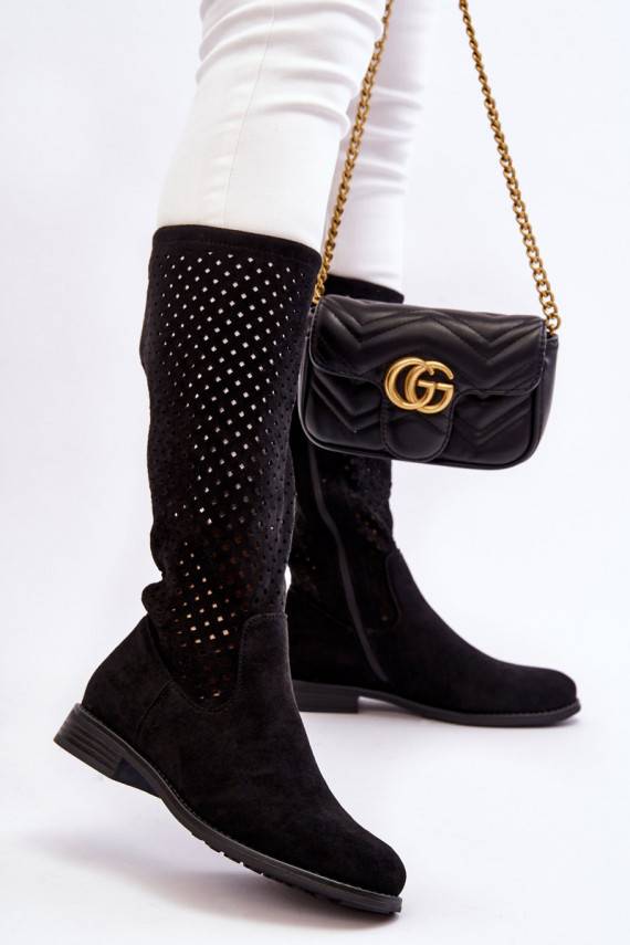   Ažuursed seemisnahast pika säärega saapad  mustad Savannah