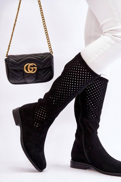   Ažuursed seemisnahast pika säärega saapad  mustad Savannah