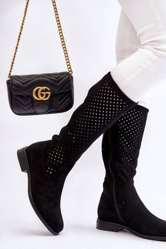   Ažuursed seemisnahast pika säärega saapad  mustad Savannah